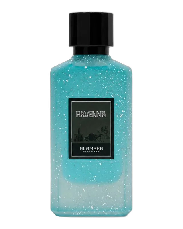Bottle of Al Ambra Ravenna: turquoise glass speckled with white, with a black cap and a dark label showing a city skyline